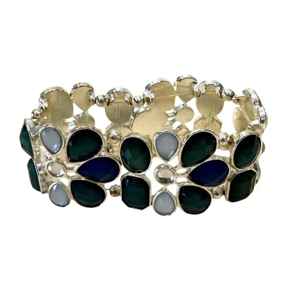Opaque Crystal Blue Briolette Silvertone Stretch Bracelet 8